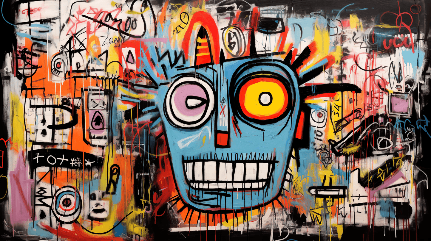 Abstract graffiti artwork featuring a large blue face with exaggerated eyes and a wide, toothy grin. The background is filled with vibrant colors, chaotic lines, and various symbols. The overall composition is dynamic and expressive, with a raw, urban energy.