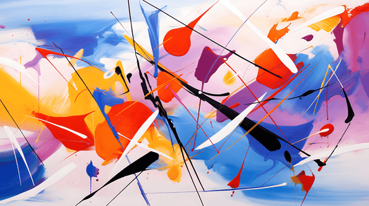 an abstract painting of blue, yellow, pink, and orange