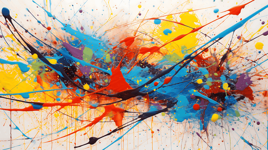 An energetic abstract painting with vibrant splashes of color, including blue, yellow, red, and purple. Paint splatters and streaks crisscross the canvas, creating a chaotic yet lively composition that conveys movement and excitement. The background is white.