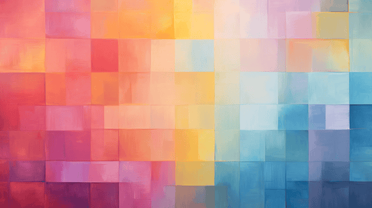 Abstract artwork composed of a grid of squares in a gradient of colors, transitioning from warm reds, pinks, and oranges on the left to cooler yellows, blues, and purples on the right. Each square is uniquely shaded, creating a harmonious and colorful mosaic.