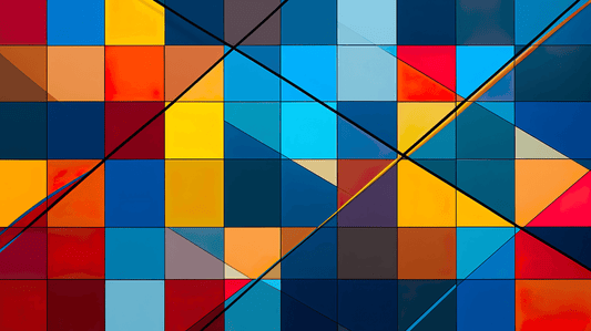 Abstract artwork composed of a grid of colorful squares and triangles. The colors include shades of blue, red, yellow, and orange. Diagonal black lines intersect the grid, adding dynamic movement and contrast to the geometric composition.
