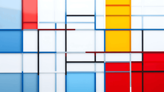 Abstract artwork featuring a grid of intersecting horizontal and vertical lines in black, red, blue, and yellow. The grid creates rectangular blocks filled with solid colors or left white, inspired by the De Stijl art movement. The composition is minimalist and geometric.