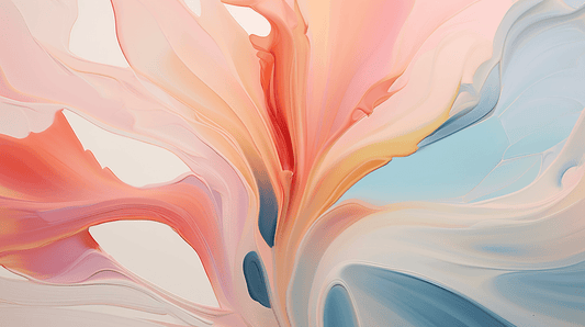 A beautiful abstract painting featuring soft pastel colors in flowing, fluid shapes that evoke the petals of a blooming flower. The artwork blends shades of pink, peach, yellow, and blue, creating a sense of gentle movement and tranquility.