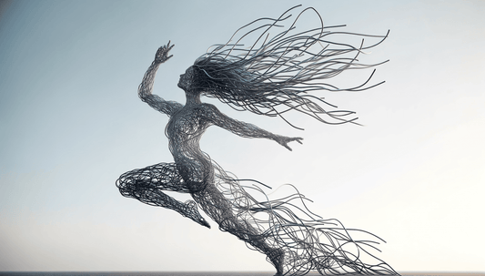 A dynamic metal sculpture of a figure in mid-leap, composed of intricately woven wires. The figure’s hair and body flow smoothly, creating a sense of movement against a clear sky background, embodying freedom and grace.