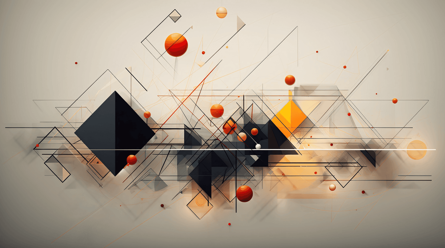 Abstrakte Geometrie im Gleichgewicht - DetailAbstract artwork featuring intersecting geometric shapes and lines, including black pyramids and orange spheres. The composition is dynamic, with thin lines crisscrossing and vibrant elements contrasting against a neutral background. The design is modern and intricate.