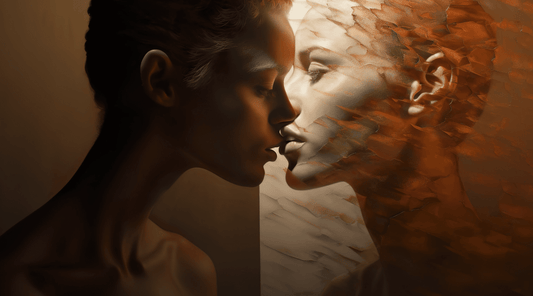 A dramatic artwork depicting a close-up of a person about to kiss their own reflection. The left side is dark and smooth, while the right side, the reflection, is textured and fragmented. The contrasting textures and lighting create a surreal, introspective atmosphere.