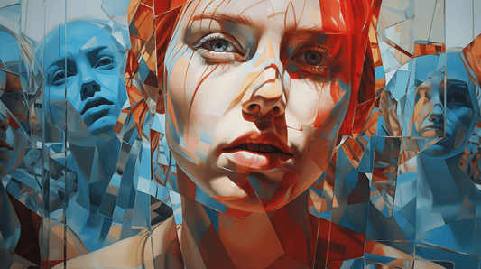 A fragmented, abstract portrait of a woman with red hair, surrounded by blue-toned faces. The image is composed of angular, glass-like shards, creating a mosaic effect. The woman’s expressive eyes and detailed features contrast with the surreal, fragmented background.