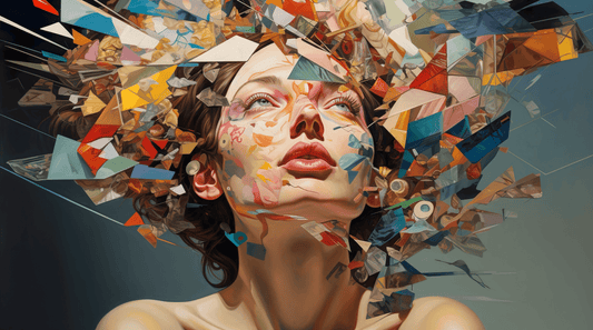 Surreal portrait of a woman gazing upward, her face adorned with colorful patterns. Geometric shapes and fragments explode from her head, creating a dynamic, chaotic aura. The vibrant colors and intricate details contrast with the soft gradient background, evoking creativity and wonder.