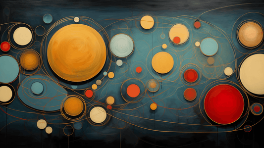 Abstract artwork featuring numerous colorful circles of varying sizes on a dark blue background. The circles are connected by thin, swirling lines, creating a sense of motion and interconnectedness. Dominant colors include yellow, red, blue, and white, evoking a cosmic theme.