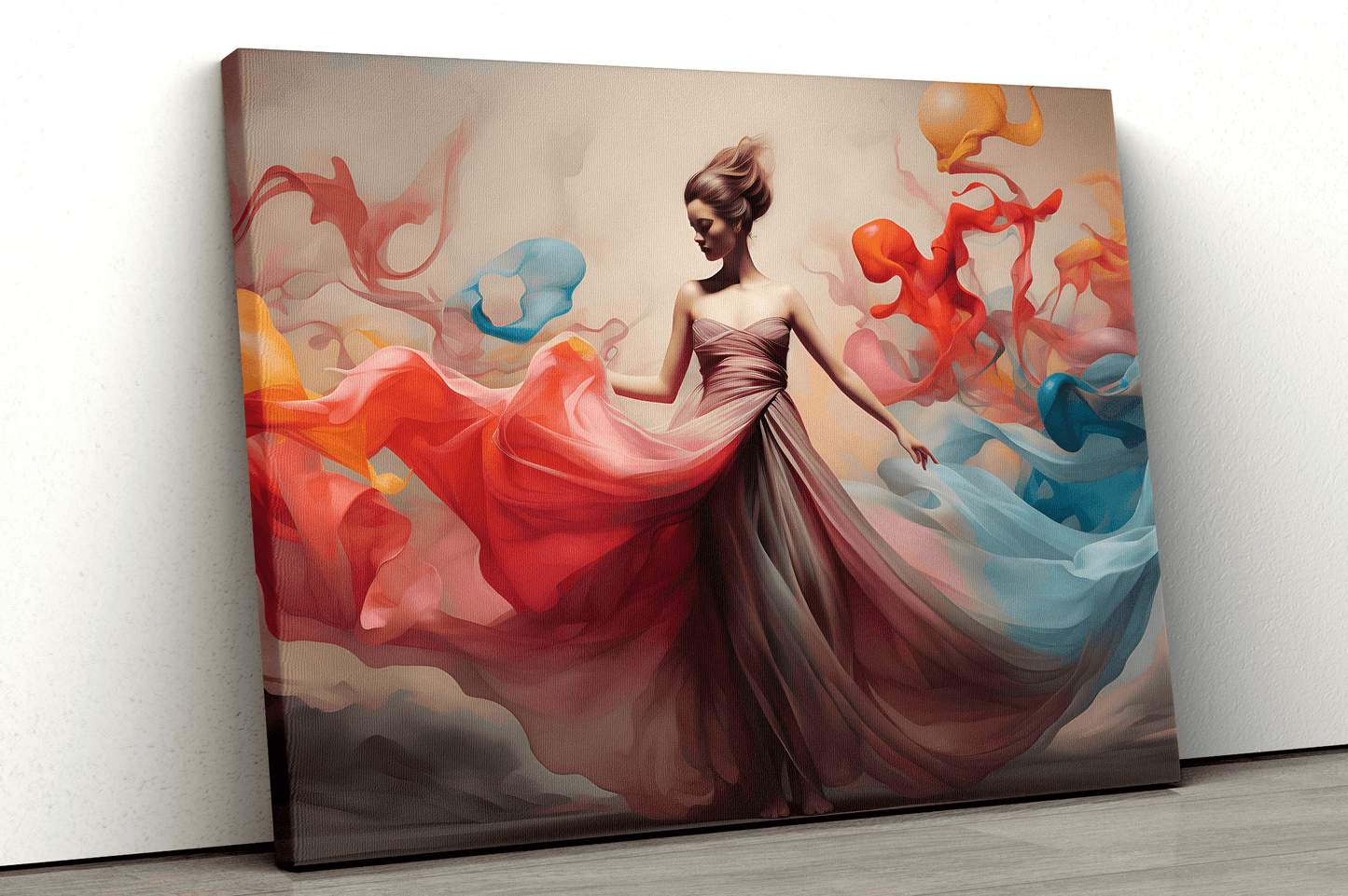A graceful woman in a flowing, multicolored dress stands against a soft, dreamy background. The dress’s fabric swirls around her, creating vibrant waves in red, orange, blue, and purple. Her elegant pose and serene expression convey a sense of ethereal beauty.