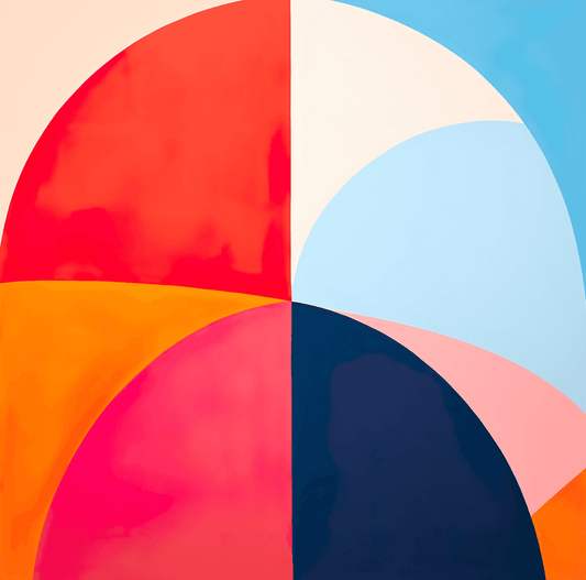a painting of a multicolored umbrella with a blue sky in the background