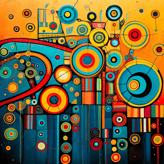 Vibrant and colorful abstract art canvas print featuring concentric circles and organic patterns in a lively Hundertwasser-inspired style.
