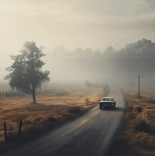 a car driving down a rural road in the fog