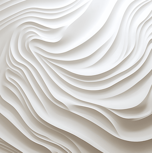 Abstract white sand dune-like patterns with smooth, flowing lines and subtle shading, creating a tranquil, textured artwork.