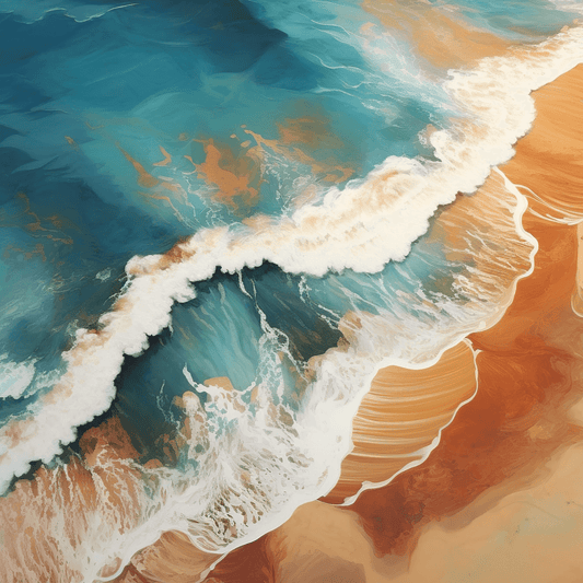 Artistic aerial view of a wave cresting, with frothy white foam and the golden hues of the sandy beach merging with turquoise waters.