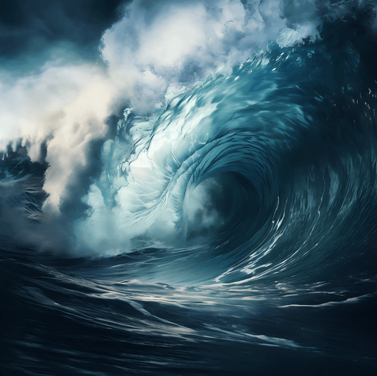 Dynamic ocean wave painting with deep blues and foamy whites capturing the powerful movement and energy of the sea.