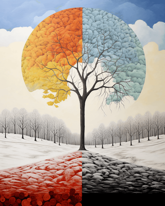 Artwork of a tree representing the four seasons, with each quadrant showing a different season’s colors and textures. Background features a winter landscape.