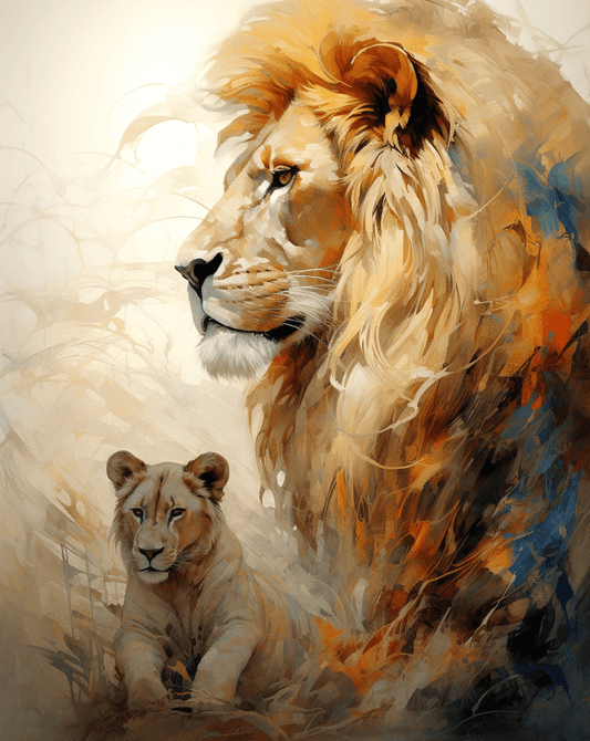 A majestic lion with a flowing mane and a lion cub depicted in vibrant, detailed artwork, capturing the essence of strength and protection in the savanna.