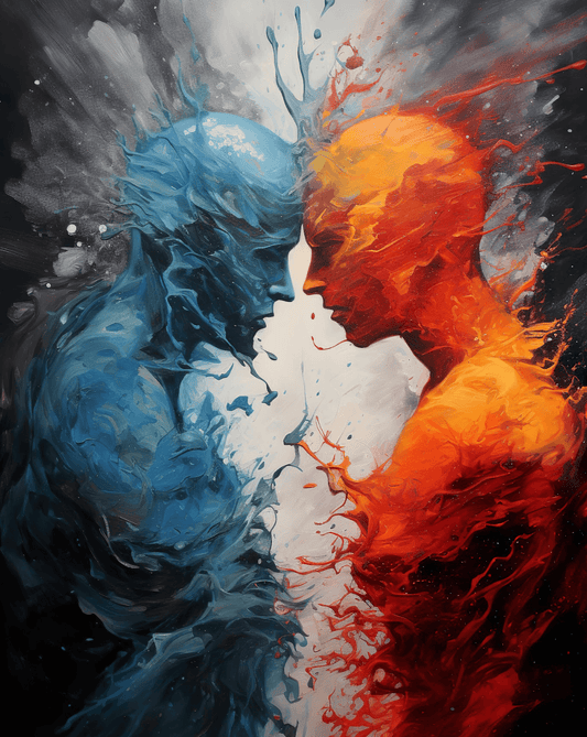 Abstract artwork depicting two human figures, one in blue and the other in orange, facing each other. The figures are made of fluid, swirling paint, with the blue figure on the left and the orange figure on the right. The background transitions from dark to light, emphasizing the contrast between the two colors. The composition captures the dynamic and dramatic interaction between the opposing elements.