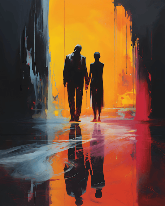 Silhouettes of a couple holding hands against a vibrant abstract backdrop of dripping red and black with reflective floor.