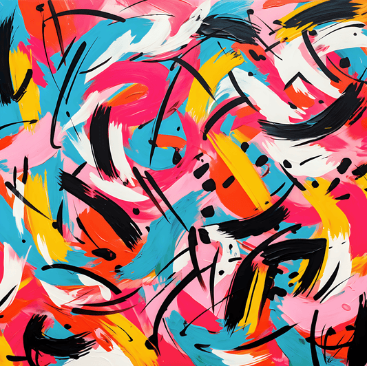 an abstract painting with black, yellow, pink, and blue colors