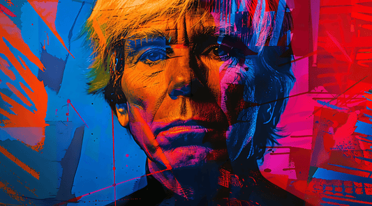 A vibrant, abstract portrait of a man with an intense gaze. His face is illuminated in bold colors, primarily orange, blue, and red, with striking contrasts and dynamic brushstrokes. The background features a mix of geometric shapes and splashes of color, enhancing the overall intensity and energy of the artwork. The man’s expression is serious and contemplative, and the style is reminiscent of pop art.