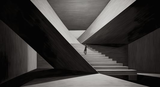 Monochromatic artwork of a lone figure standing on a staircase within a vast, angular architectural structure. The design features sharp lines and contrasting light and dark areas, creating a dramatic, minimalist environment that evokes a sense of isolation and contemplation.