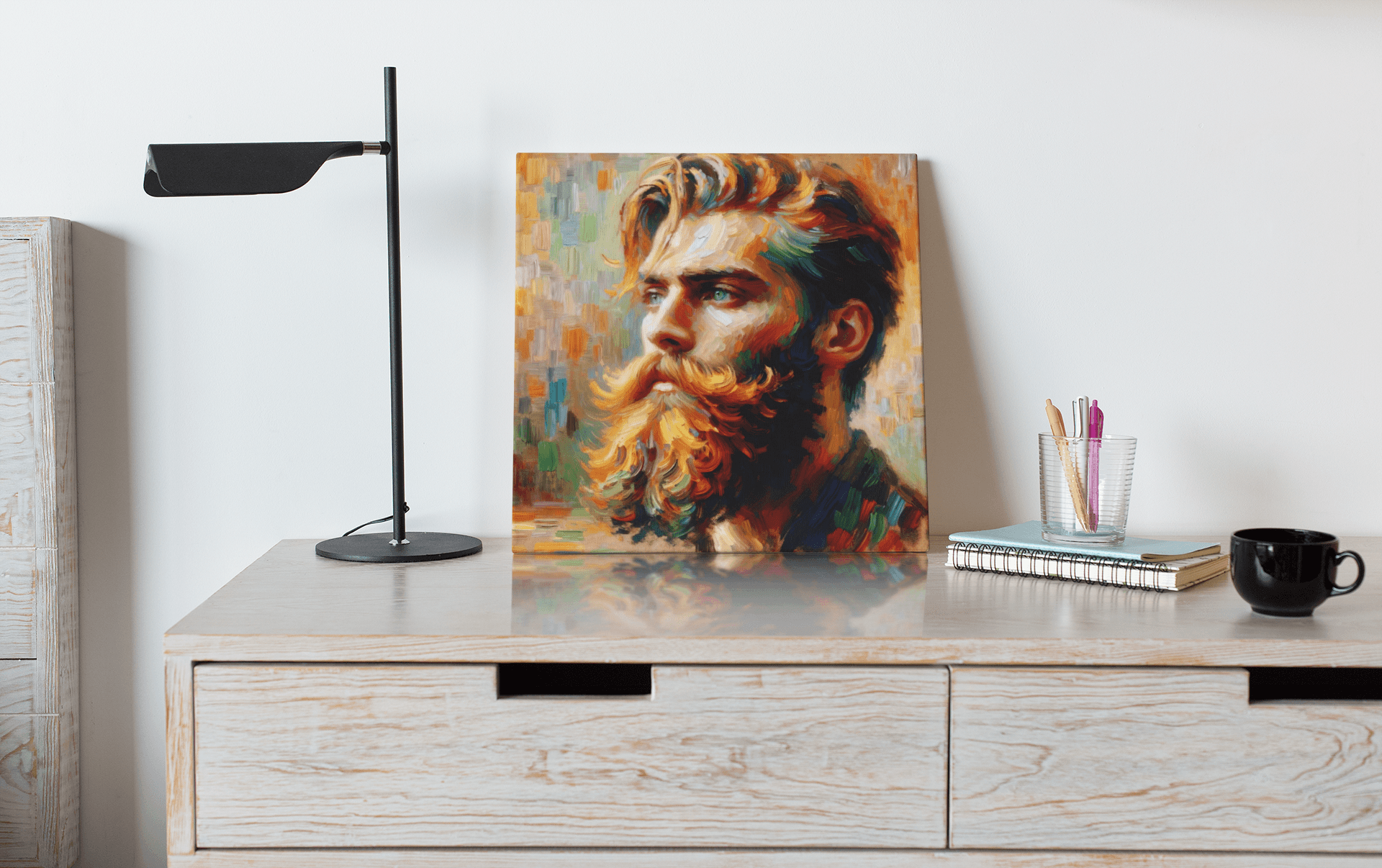 a painting of a man with a beard on a dresser