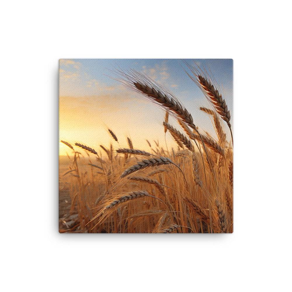 a painting of a field of wheat at sunset