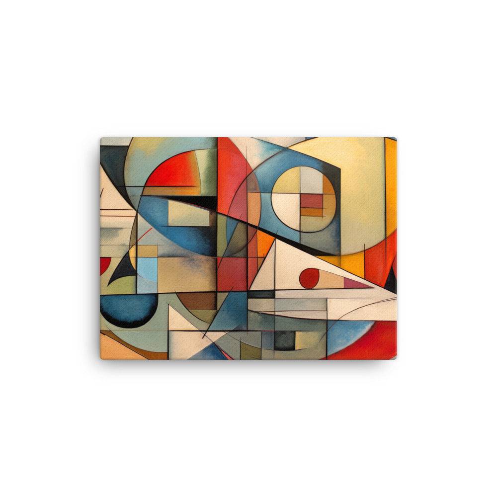 An abstract geometric painting featuring intersecting circles, triangles, and rectangles in various colors including red, blue, yellow, and beige. The composition is dynamic, with lines and shapes creating a sense of movement and balance.