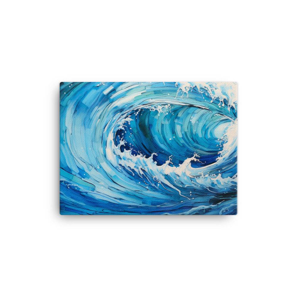 Dynamic artwork of a powerful ocean wave rendered in varying shades of blue. The wave is detailed with white foam and spray, capturing its motion and energy. The swirling patterns and textures convey a sense of movement and the natural beauty of the sea.