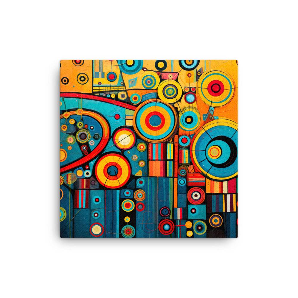 Vibrant and colorful abstract art canvas print featuring concentric circles and organic patterns in a lively Hundertwasser-inspired style.