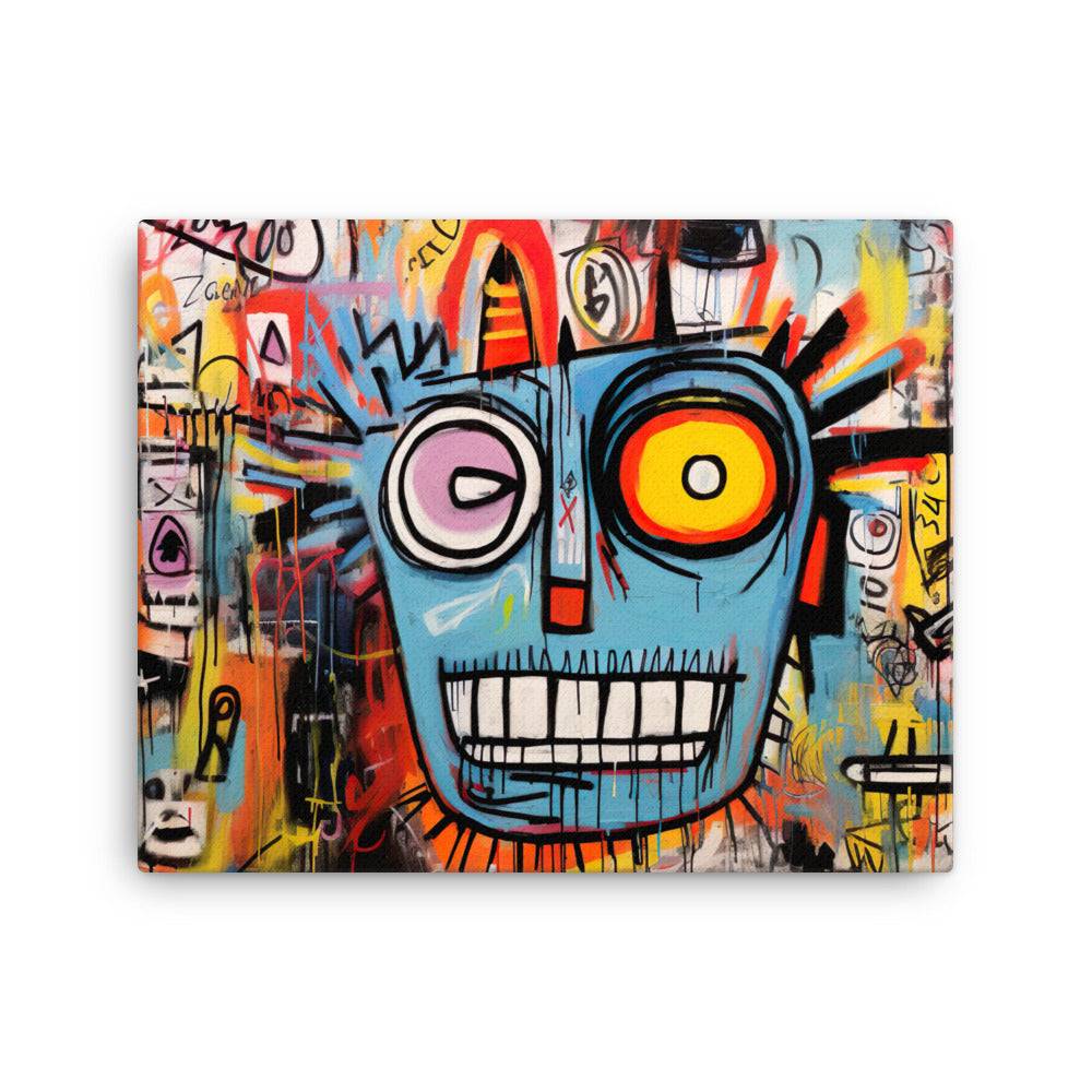 Abstract graffiti artwork featuring a large blue face with exaggerated eyes and a wide, toothy grin. The background is filled with vibrant colors, chaotic lines, and various symbols. The overall composition is dynamic and expressive, with a raw, urban energy.