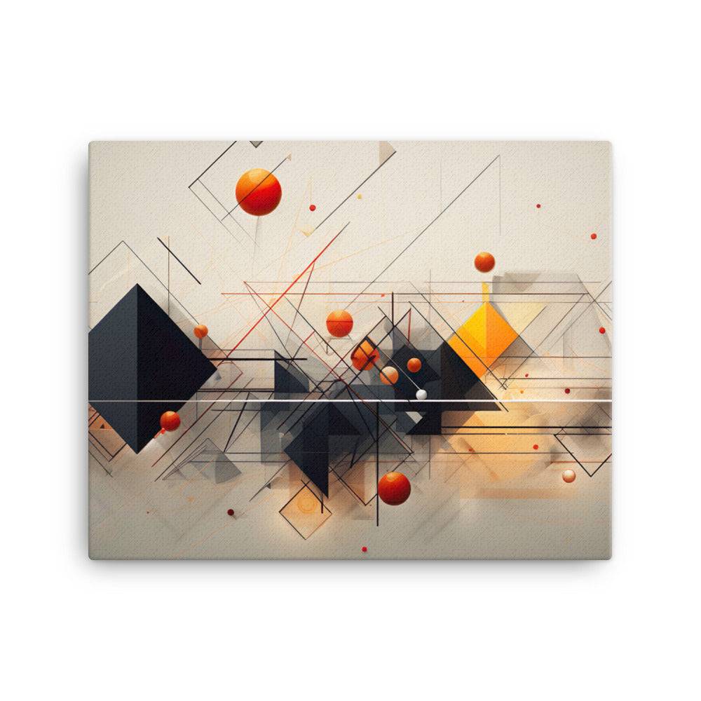 Abstract artwork featuring intersecting geometric shapes and lines, including black pyramids and orange spheres. The composition is dynamic, with thin lines crisscrossing and vibrant elements contrasting against a neutral background. The design is modern and intricate.