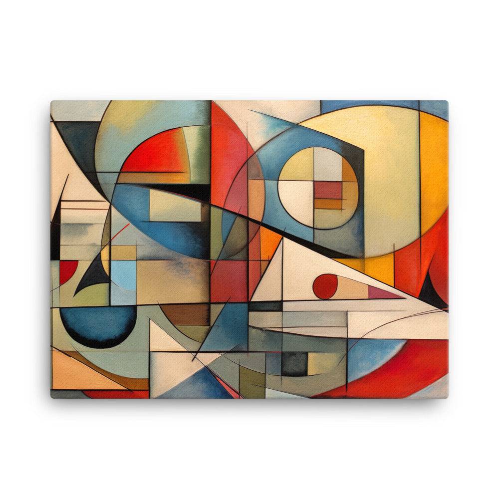 An abstract geometric painting featuring intersecting circles, triangles, and rectangles in various colors including red, blue, yellow, and beige. The composition is dynamic, with lines and shapes creating a sense of movement and balance.
