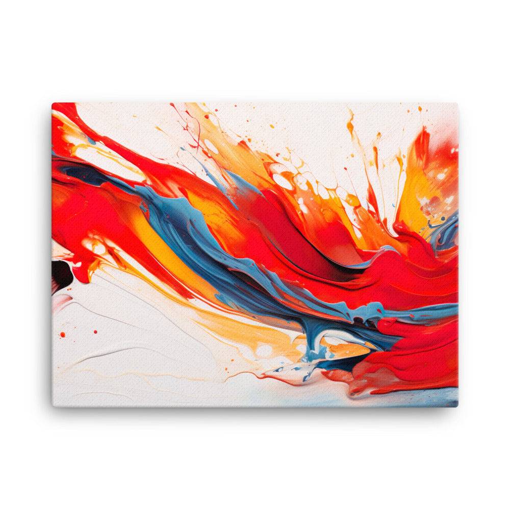 bstract artwork featuring dynamic, flowing swirls of red, orange, blue, and yellow paint against a white background. The bold, energetic strokes create a sense of motion and intensity, with splashes and drips adding texture and depth to the composition.