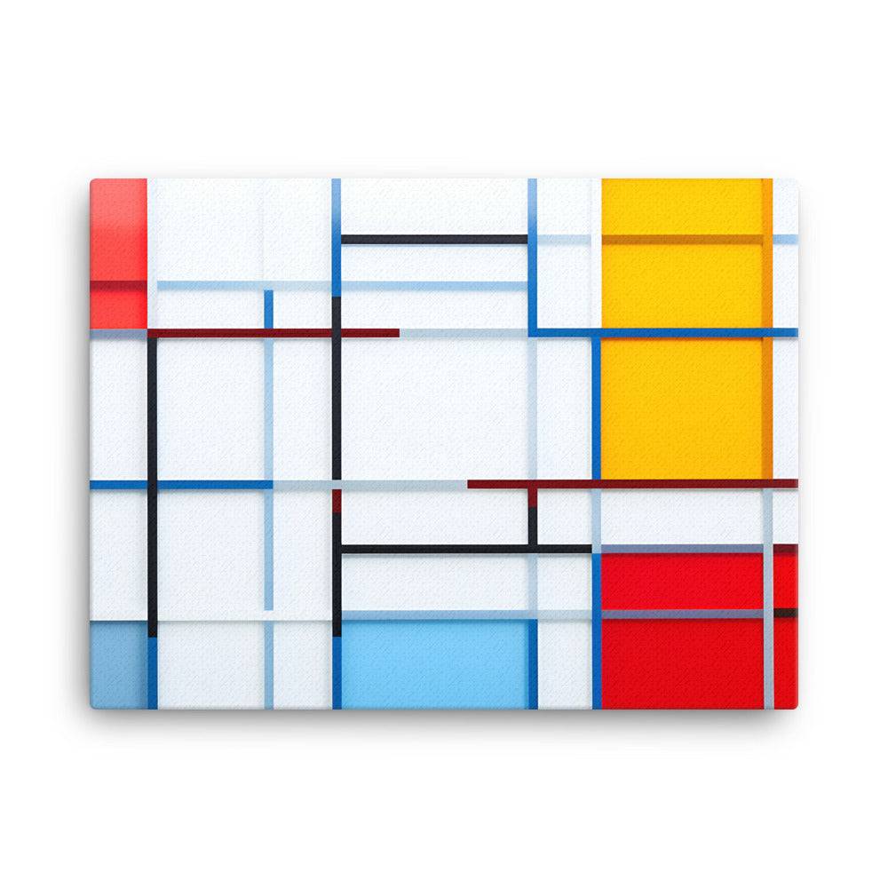 Abstract artwork featuring a grid of intersecting horizontal and vertical lines in black, red, blue, and yellow. The grid creates rectangular blocks filled with solid colors or left white, inspired by the De Stijl art movement. The composition is minimalist and geometric.