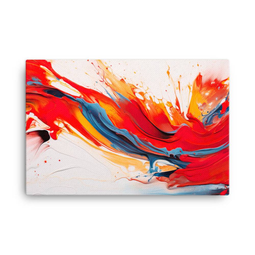 bstract artwork featuring dynamic, flowing swirls of red, orange, blue, and yellow paint against a white background. The bold, energetic strokes create a sense of motion and intensity, with splashes and drips adding texture and depth to the composition.