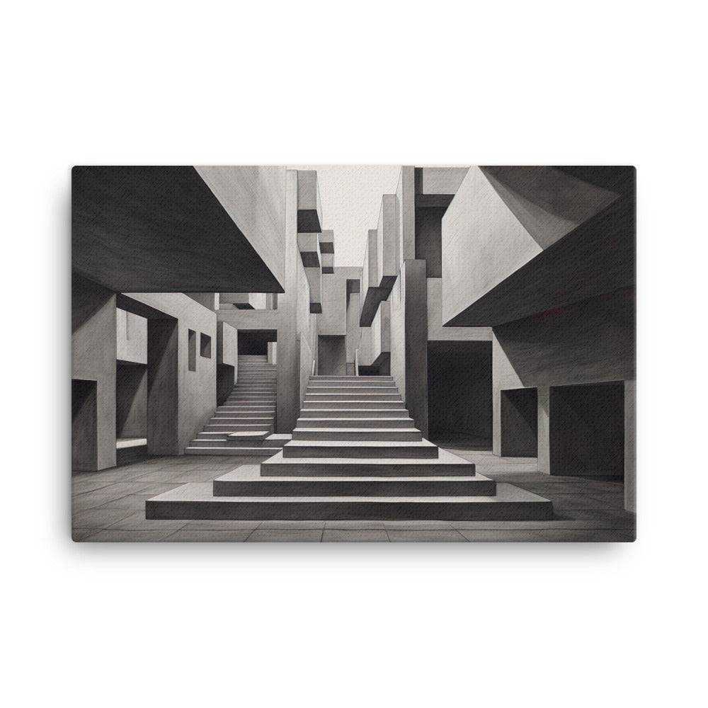 Monochromatic artwork of a complex architectural space with multiple staircases and angular structures. The geometric design features sharp lines and deep shadows, creating a sense of depth and mystery. The scene is devoid of people, enhancing its surreal atmosphere.