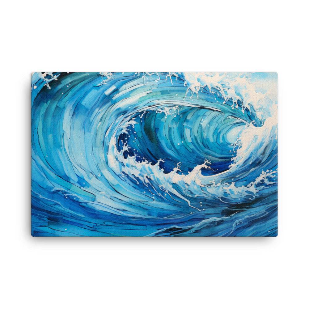 Dynamic artwork of a powerful ocean wave rendered in varying shades of blue. The wave is detailed with white foam and spray, capturing its motion and energy. The swirling patterns and textures convey a sense of movement and the natural beauty of the sea.