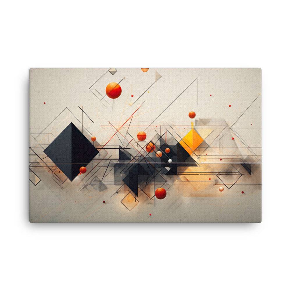 Abstract artwork featuring intersecting geometric shapes and lines, including black pyramids and orange spheres. The composition is dynamic, with thin lines crisscrossing and vibrant elements contrasting against a neutral background. The design is modern and intricate.