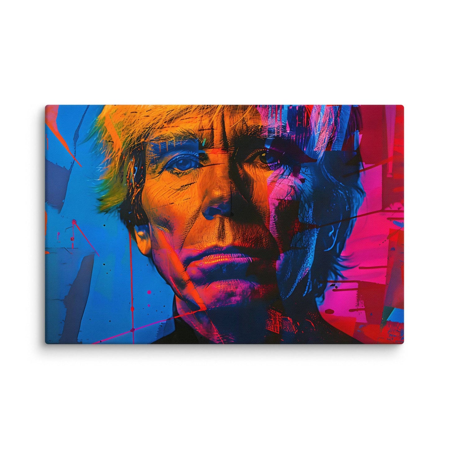 A vibrant, abstract portrait of a man with an intense gaze. His face is illuminated in bold colors, primarily orange, blue, and red, with striking contrasts and dynamic brushstrokes. The background features a mix of geometric shapes and splashes of color, enhancing the overall intensity and energy of the artwork. The man’s expression is serious and contemplative, and the style is reminiscent of pop art.