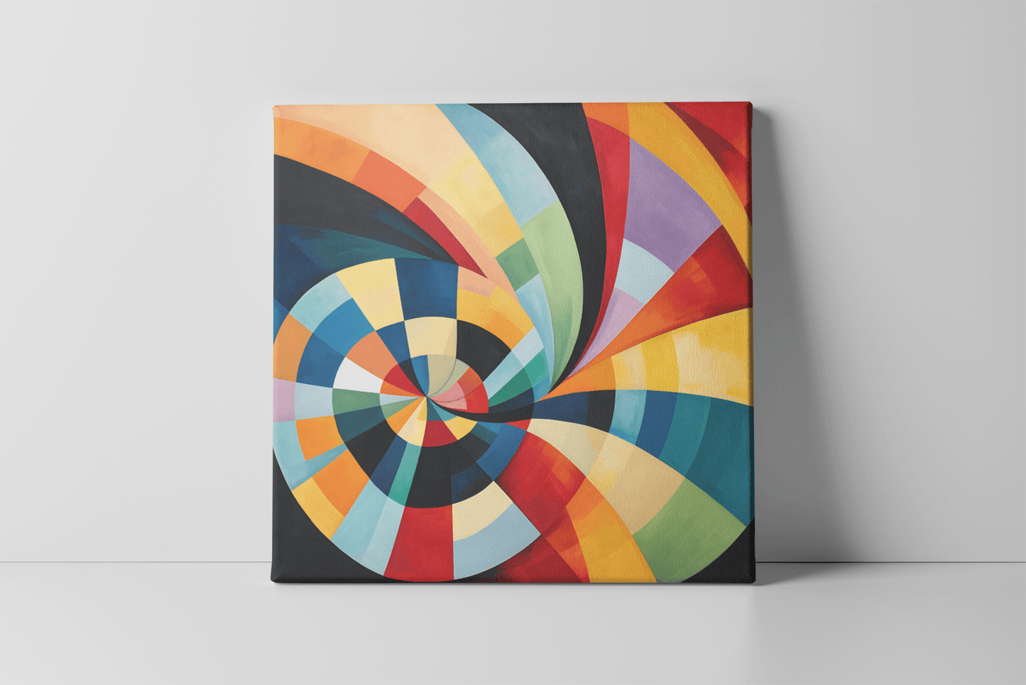 a painting of a colorful spiral on a white wall