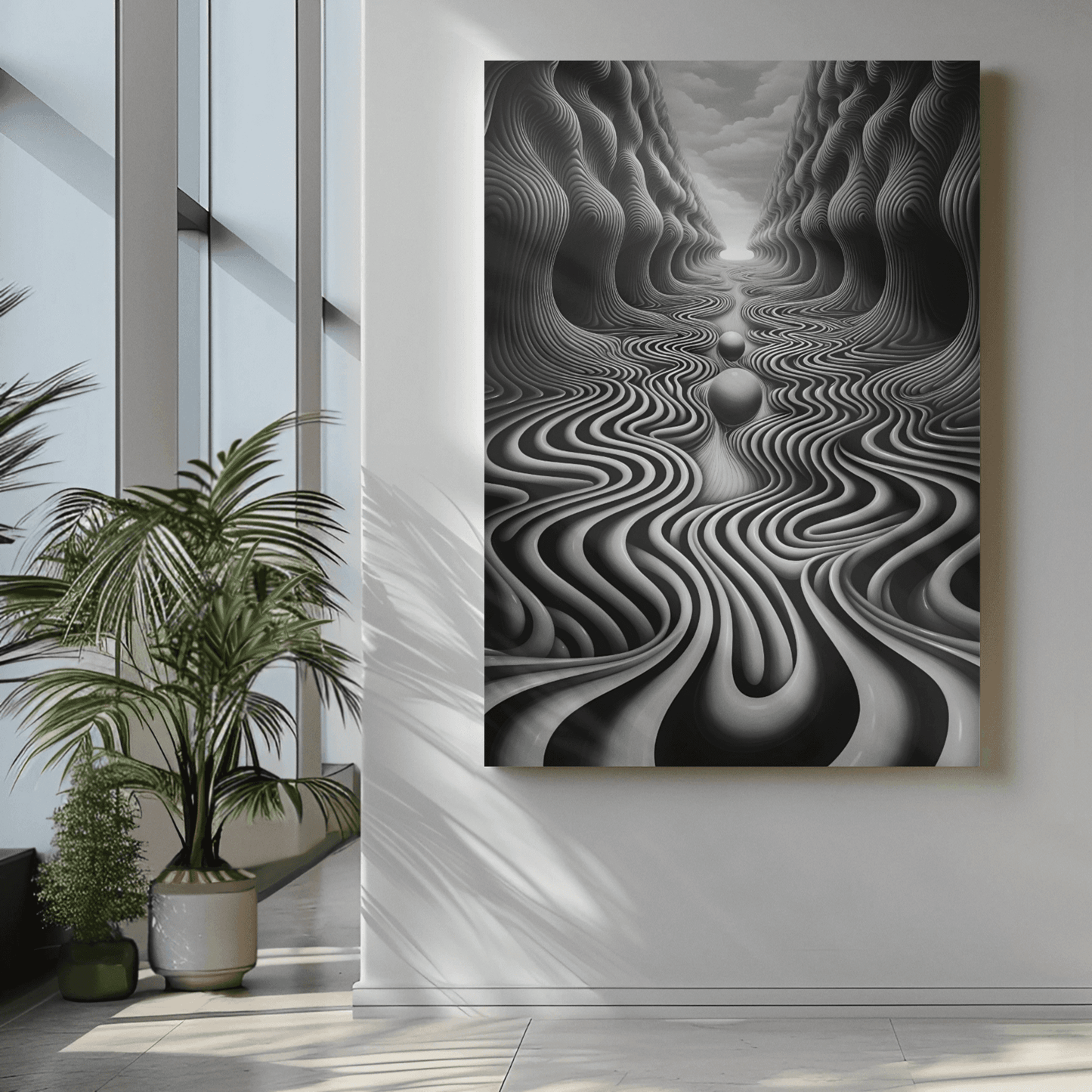 a black and white painting hanging on a wall next to a potted plant